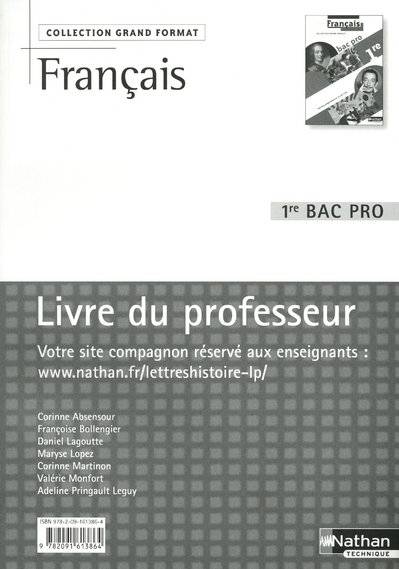 Français - 1ère BAC PRO ( Grand Format) Grand Format Livre du professeur